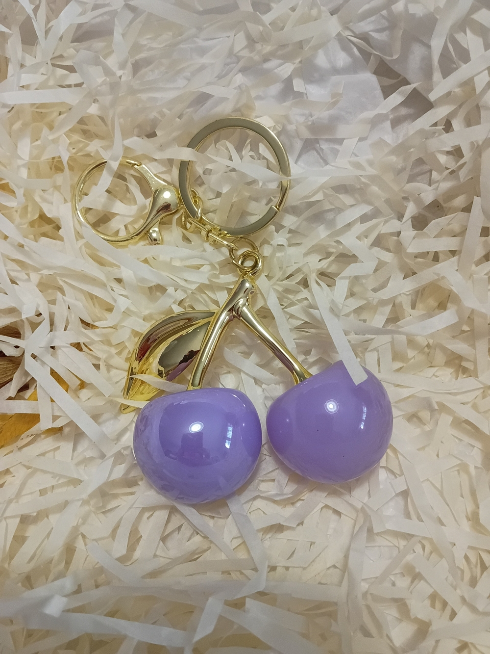 Gold-Tone Keyring with Lavender Cherry Charms
